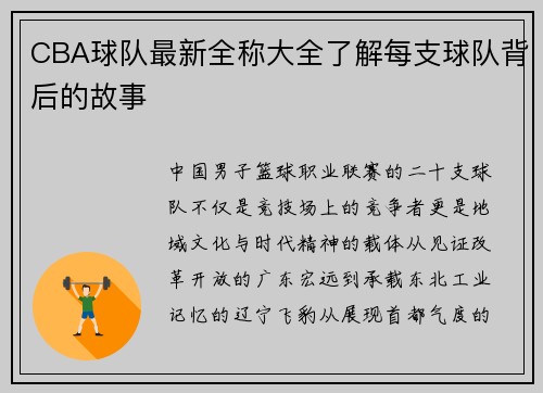 CBA球队最新全称大全了解每支球队背后的故事