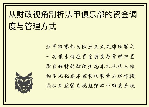 从财政视角剖析法甲俱乐部的资金调度与管理方式